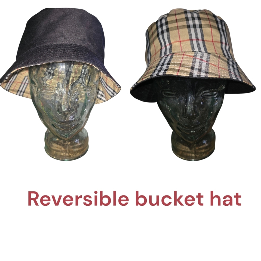 Designer Inspired Black and Tan Plaid Reversible Bucket Hat